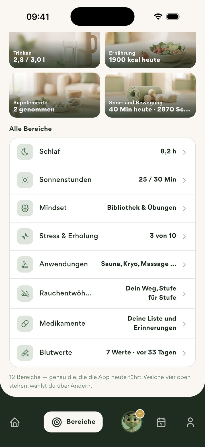 Alle Bereiche der App als Liste, darunter Rauchentwöhnung und Medikamente