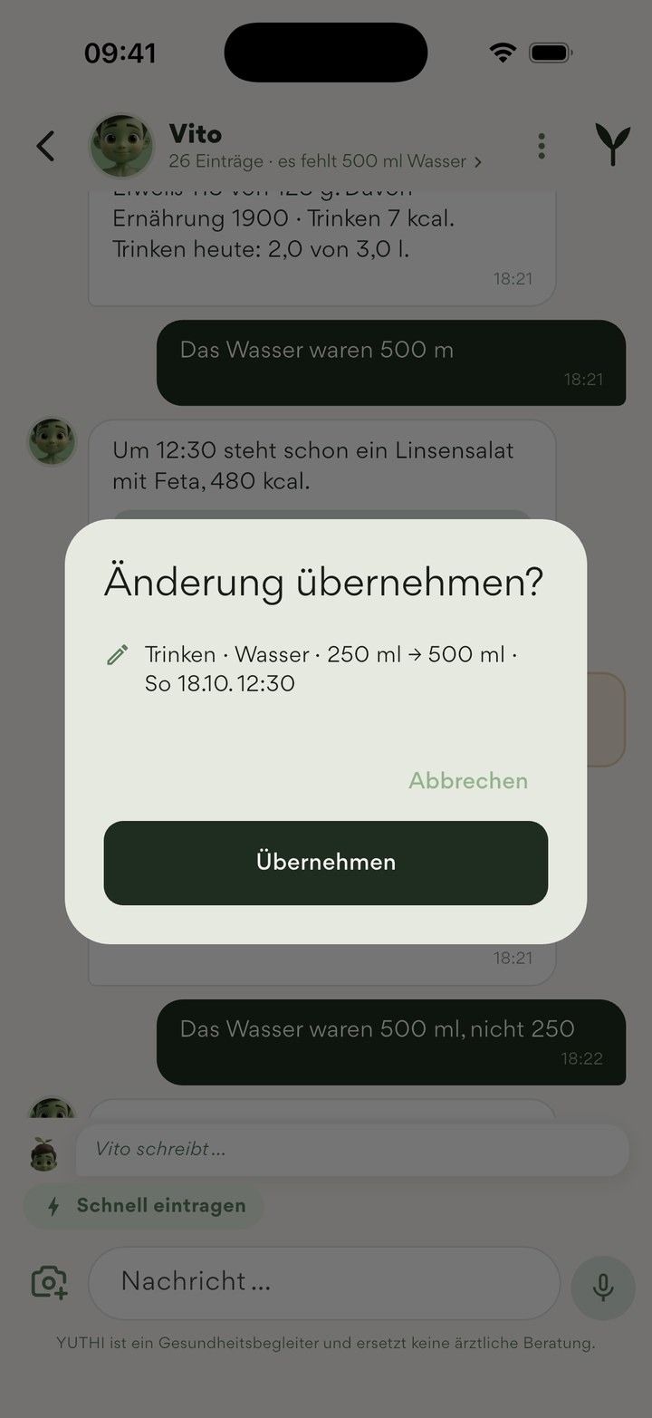 Coach-Chat: „Änderung übernehmen?“ — Wasser von 250 auf 500 ml