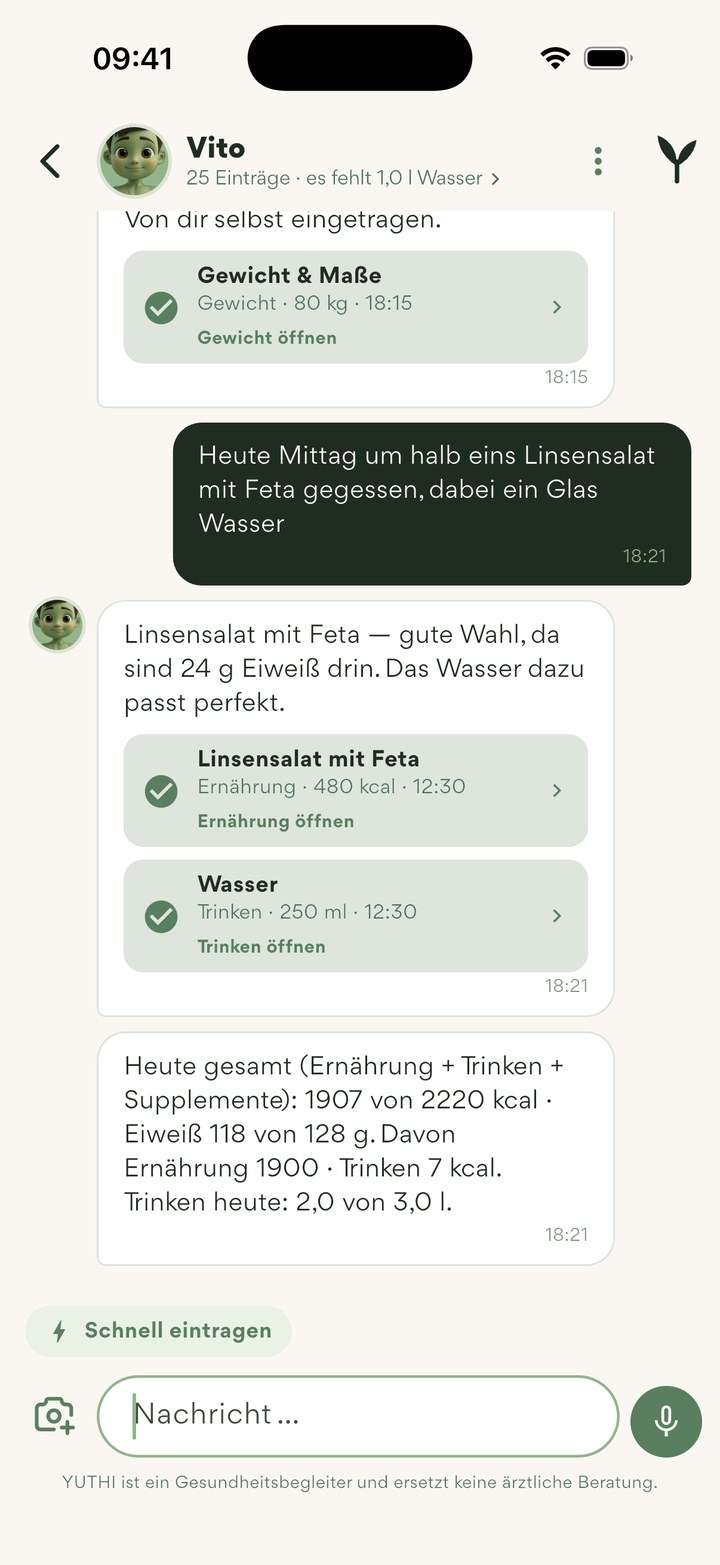 Coach-Chat: Vito trägt Linsensalat und Wasser ein und rechnet den Tag zusammen