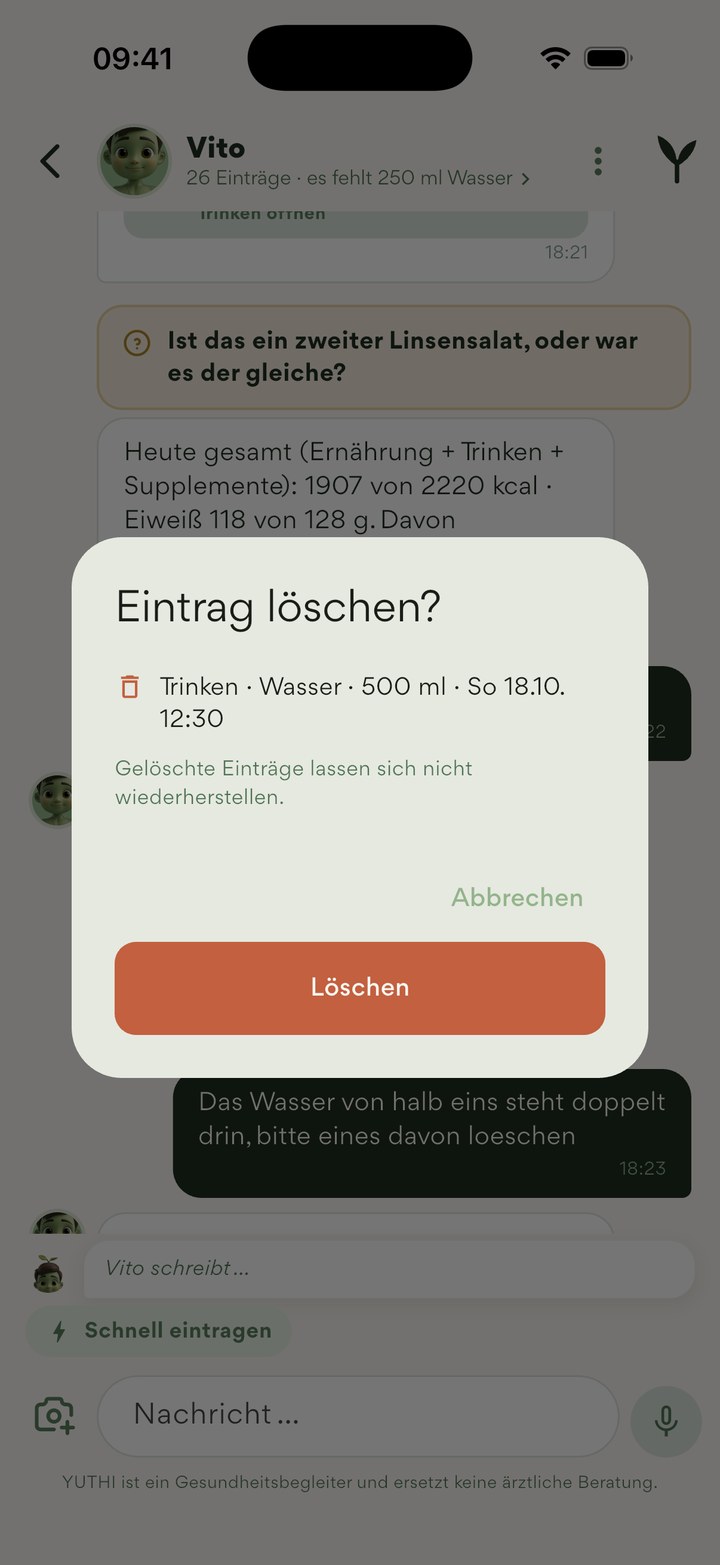 Coach-Chat: „Eintrag löschen?“ mit genauer Zeile — gelöschte Einträge lassen sich nicht wiederherstellen