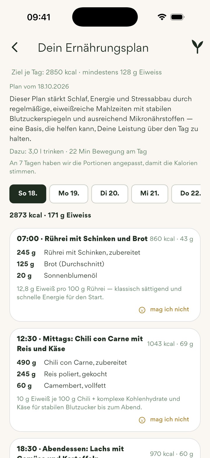Ernährungsplan für sieben Tage in der App