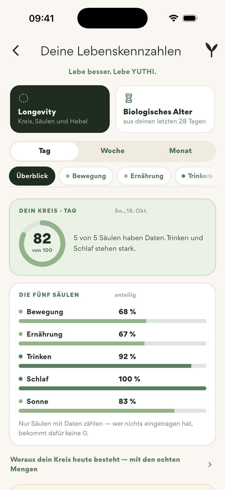 Deine Lebenskennzahlen: Kreis mit 82 von 100 und die fünf Säulen