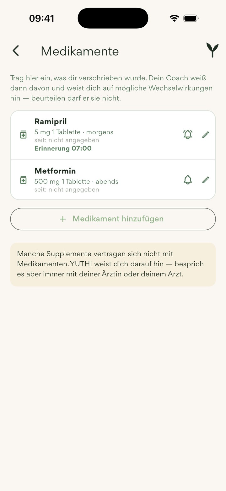 Medikamente: Ramipril morgens mit Erinnerung um 07:00 und Metformin abends