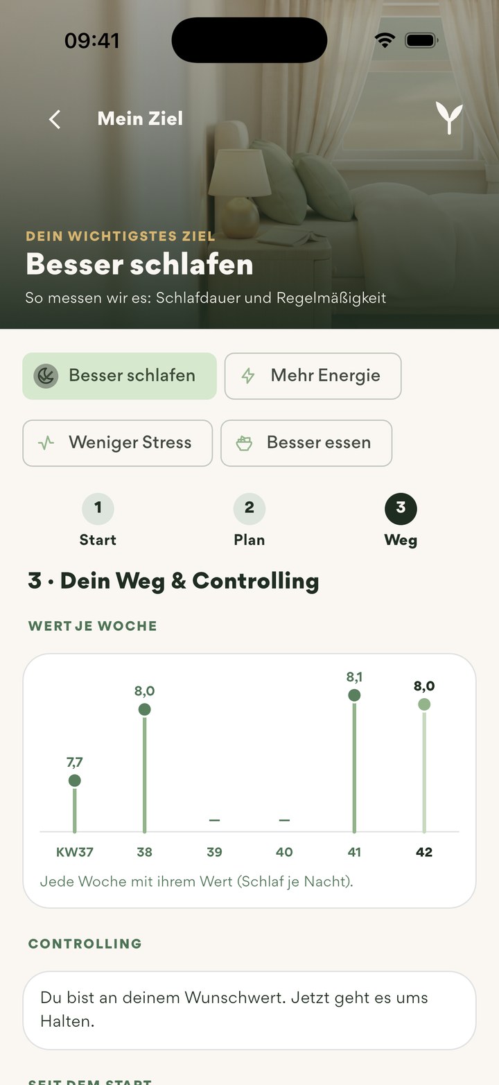 Mein Ziel, Seite 3: Schlaf je Woche als Wert und das Controlling