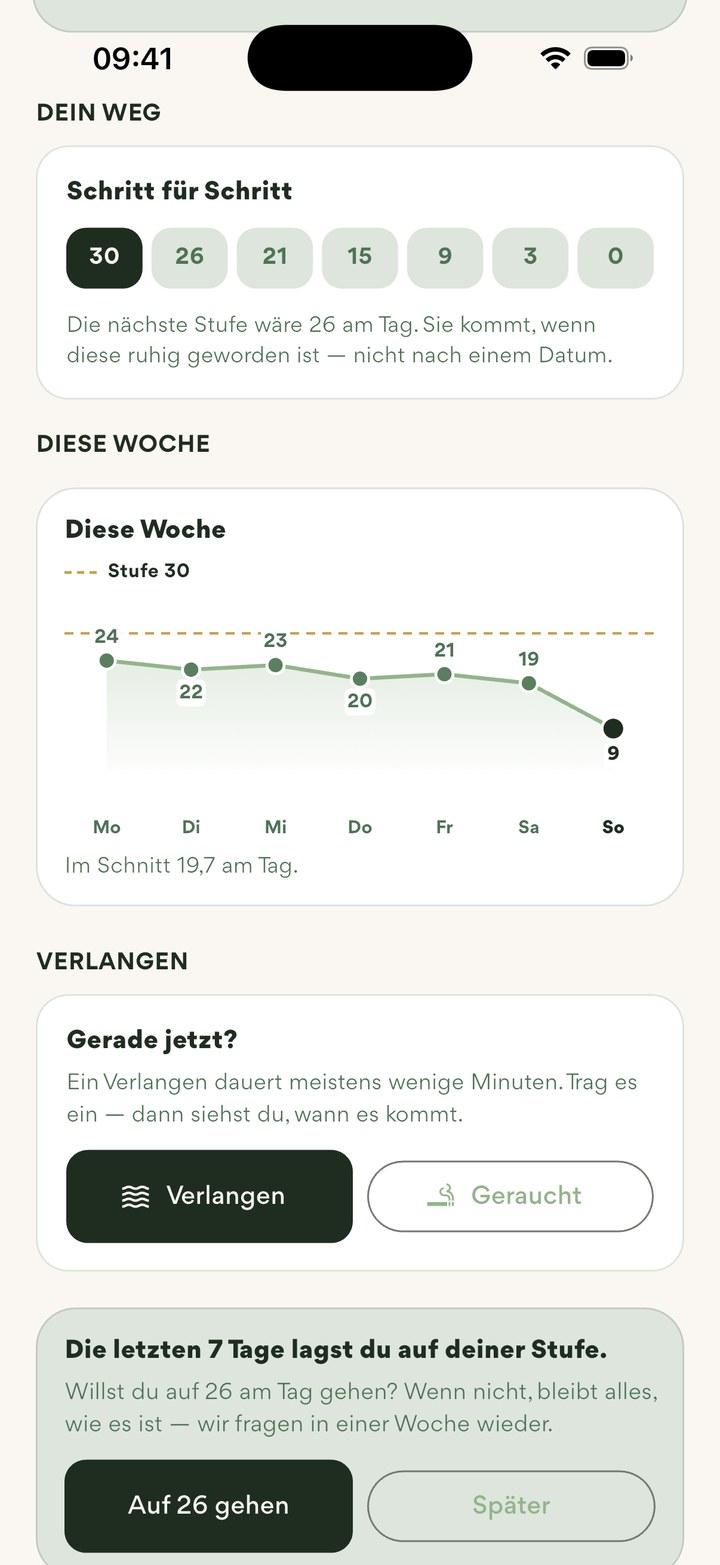 Rauchentwöhnung: Stufenplan von 30 auf 0, diese Woche im Schnitt 19,7 am Tag