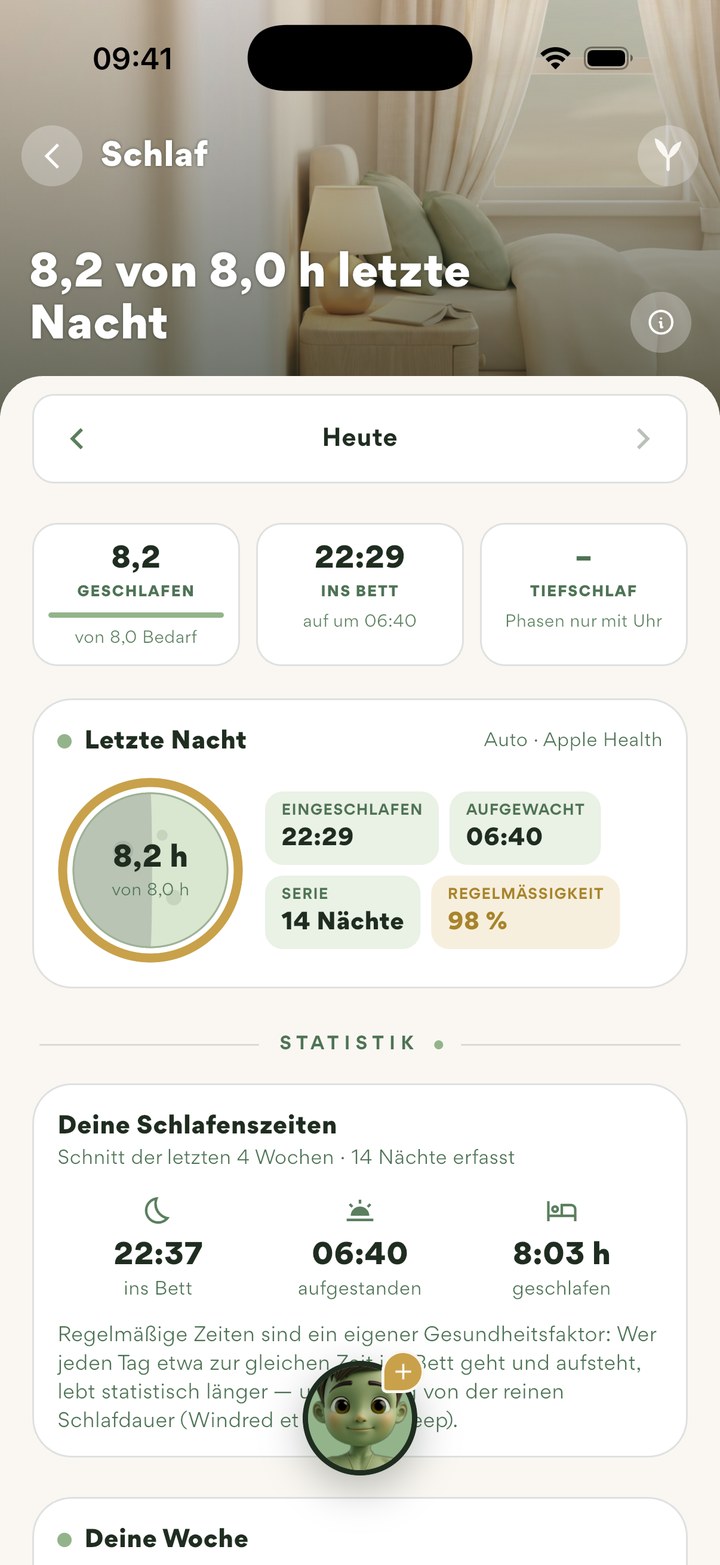 Bereich Schlaf: letzte Nacht 8,2 von 8,0 Stunden, Einschlafen, Aufwachen, Regelmäßigkeit
