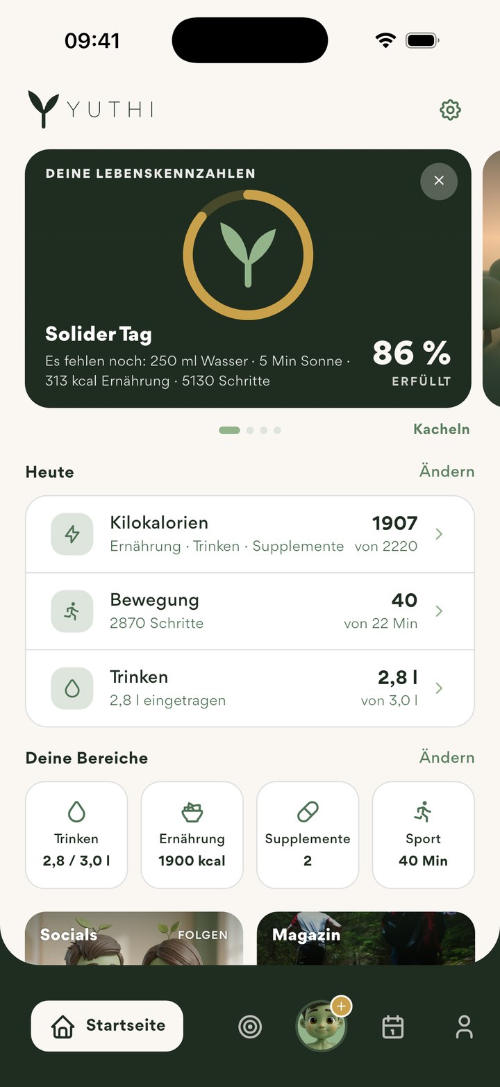 Startseite der YUTHI-App: Deine Lebenskennzahlen mit goldenem Ring, darunter Heute und deine Bereiche