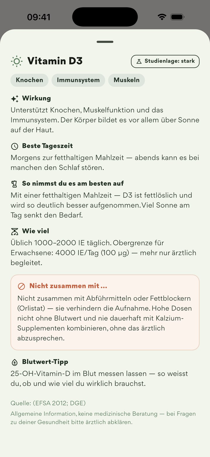 Erklärung zu Vitamin D3: Wirkung, Tageszeit, Menge, „Nicht zusammen mit“, Blutwert-Tipp und Studienlage