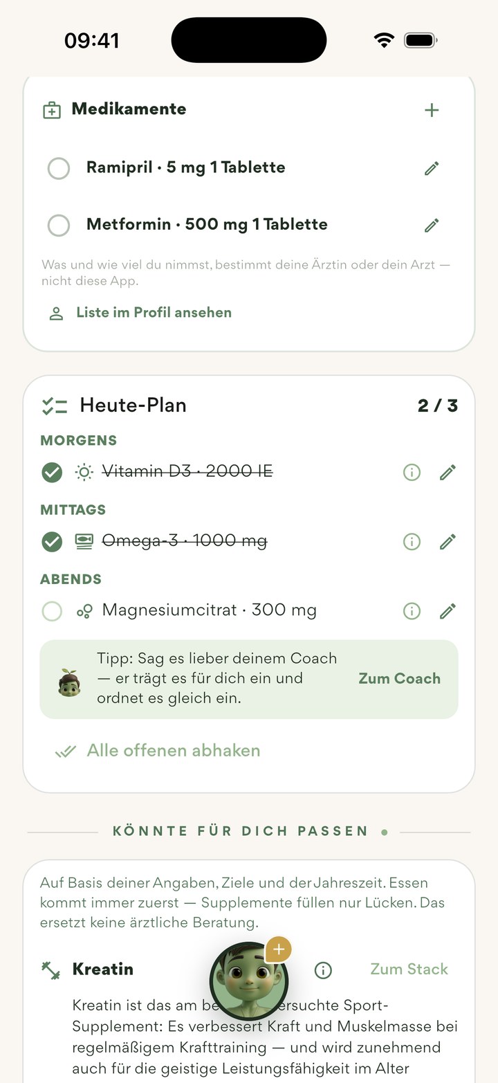 Bereich Supplemente: Medikamente zum Abhaken und Heute-Plan mit Einnahme-Zeiten