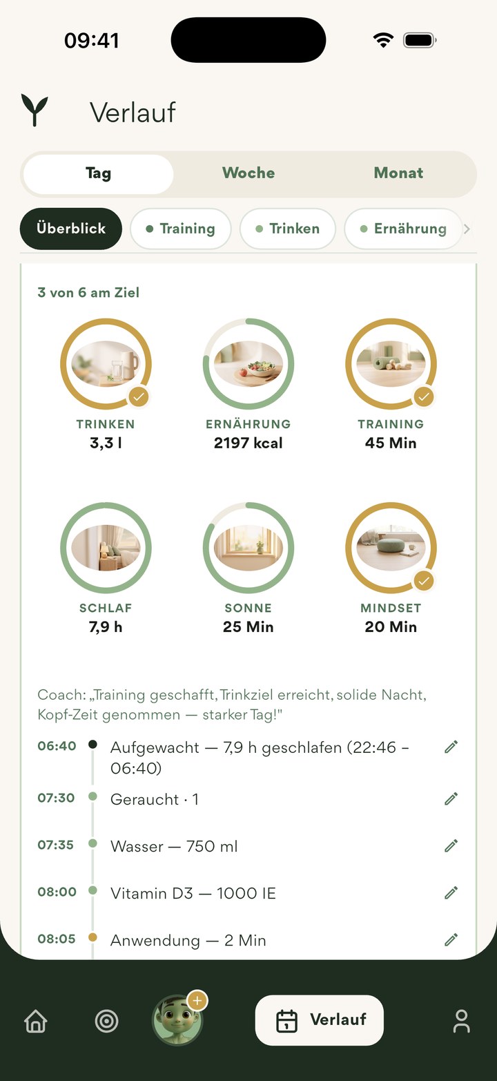 Verlauf: ein vergangener Tag mit sechs Ringen und jedem Eintrag mit Uhrzeit