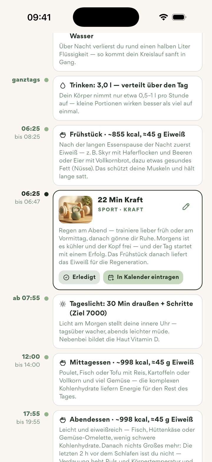 Tagesablauf im Wochenplan mit Uhrzeiten und „In Kalender eintragen“