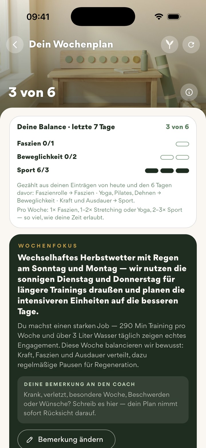 Wochenplan: deine Balance der letzten sieben Tage und der Wochenfokus vom Coach