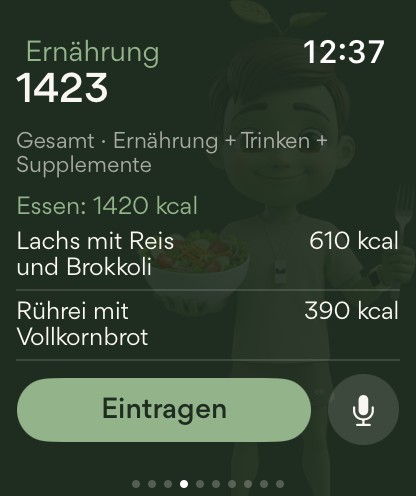 Apple Watch: Bereich Ernährung — die Mahlzeiten des Tages mit Kalorien