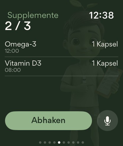 Apple Watch: Bereich Supplemente — heute genommen, Rest mit einem Fingertipp abhaken